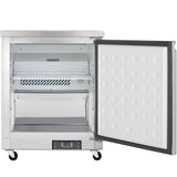 A commercial freezer with its door open reveals empty interior shelves and a vented back panel. The insulated, dotted door complements the four black wheels, while the Empura E-KUC27F digital control panel sits at the bottom front.