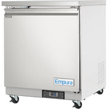 A stainless steel Empura E-KUC27F commercial freezer with a single front door, mounted on four caster wheels. A digital display is near the bottom front, and "Empura" is printed on a label at the lower right corner of the door.