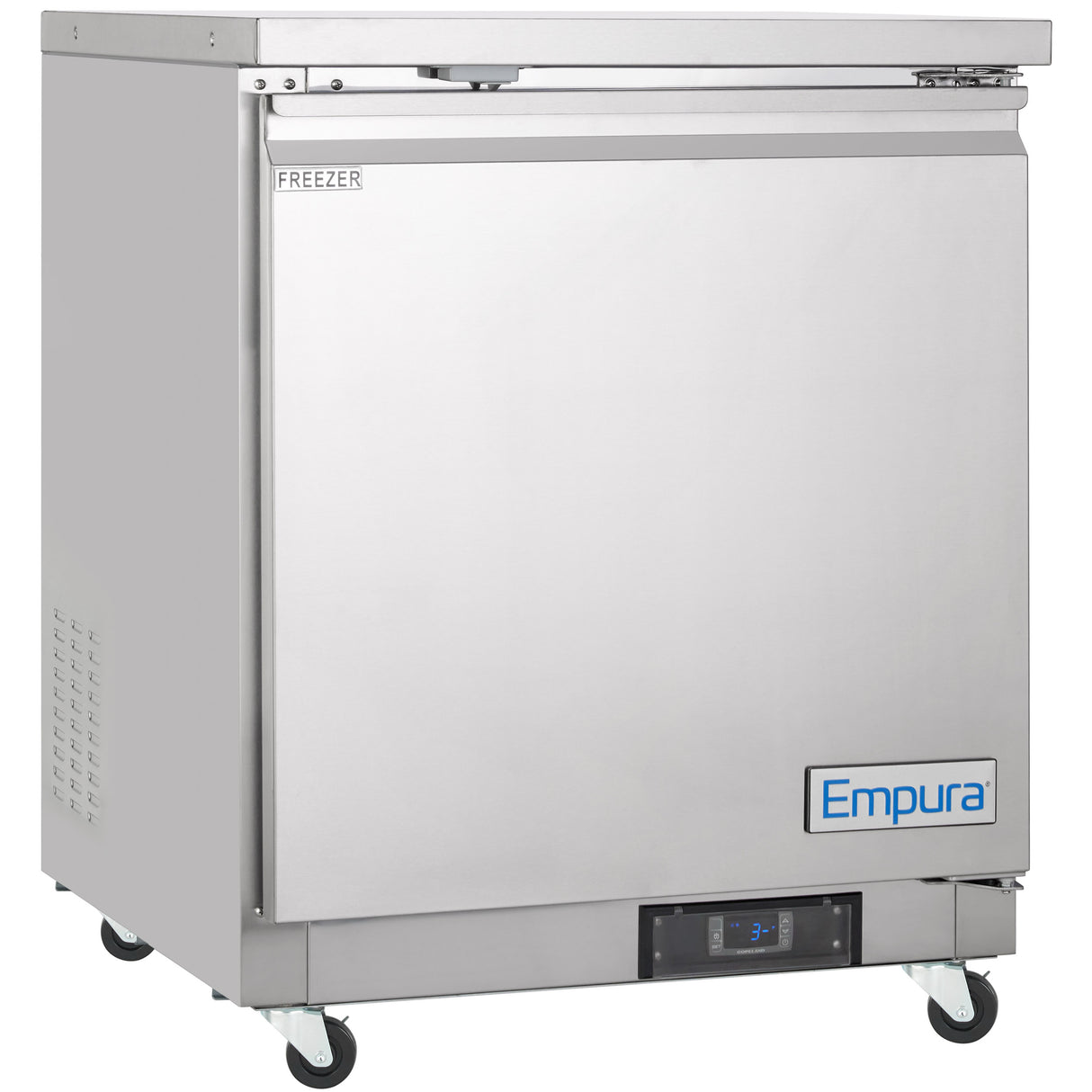 A stainless steel Empura E-KUC27F undercounter reach-in freezer on wheels features a front-opening door, bottom digital control panel, and blue “Empura” branding. A handle sits on top, with a “FREEZER” label on the upper left.