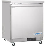 A stainless steel Empura E-KUC27F undercounter reach-in freezer on wheels features a front-opening door, bottom digital control panel, and blue “Empura” branding. A handle sits on top, with a “FREEZER” label on the upper left.
