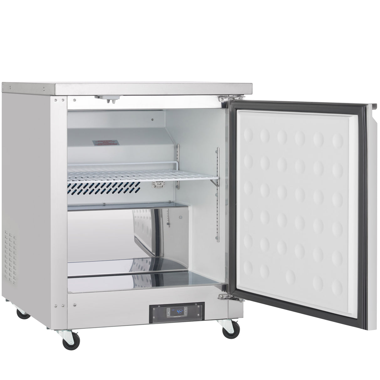 A commercial-grade Empura E-KUC27F undercounter reach-in freezer stands on four black wheels. Its door is open, revealing a white insulated interior with a wire shelf, vent at the back, and digital control panel below. The inner door has a dotted texture.