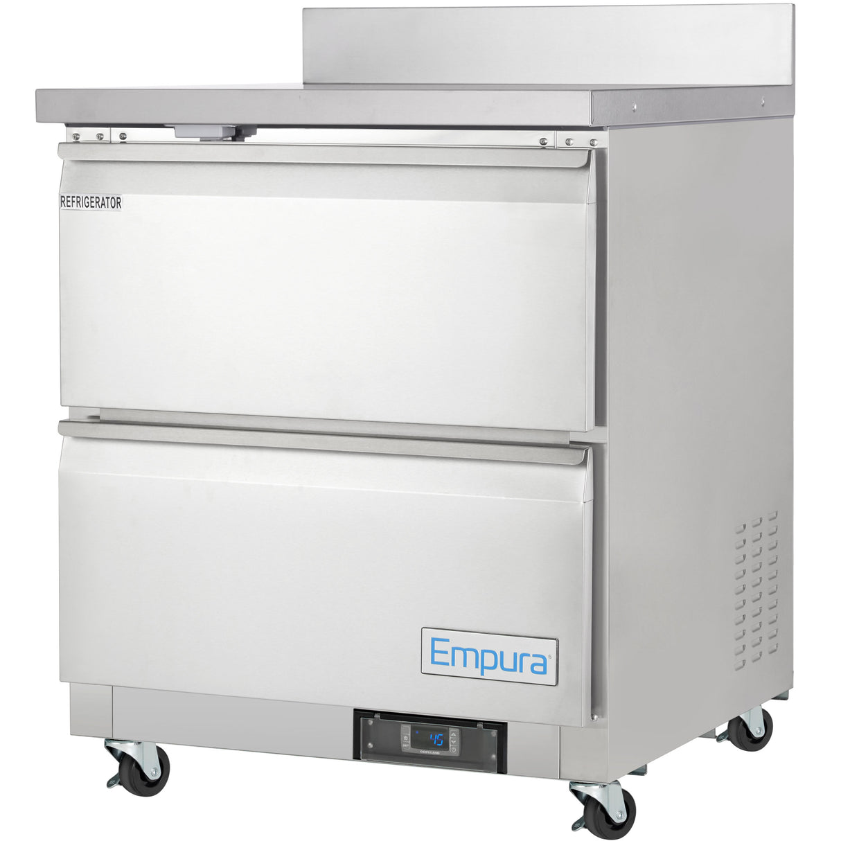 A stainless steel Empura Refrigeration work top refrigerator with two front doors, each with horizontal handles. The top section is labeled REFRIGERATOR, and the unit features four caster wheels, a digital display, and Empura branding on the lower door.