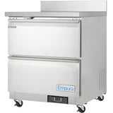 A stainless steel Empura Refrigeration work top refrigerator with two front doors, each with horizontal handles. The top section is labeled REFRIGERATOR, and the unit features four caster wheels, a digital display, and Empura branding on the lower door.