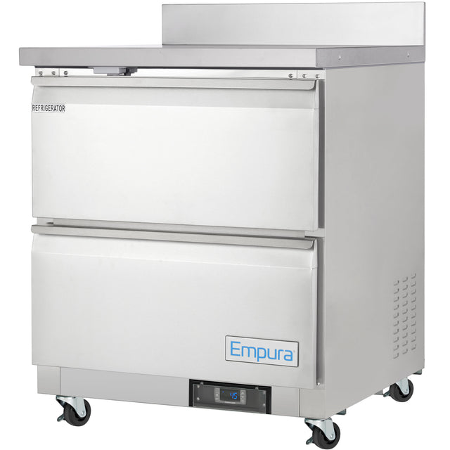 A stainless steel Empura Refrigeration work top refrigerator with two front doors, each with horizontal handles. The top section is labeled REFRIGERATOR, and the unit features four caster wheels, a digital display, and Empura branding on the lower door.