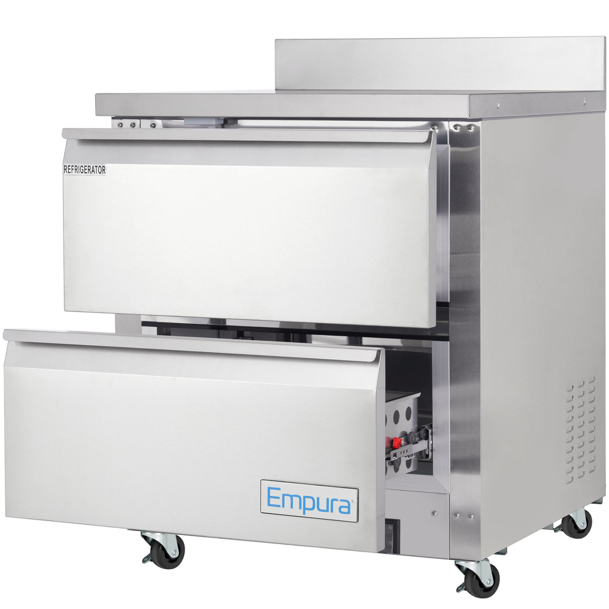 A sleek, industrial Empura Refrigeration work top refrigerator with two pull-out drawers—one partially open to reveal storage—features wheels for mobility and premium branding. This undercounter reach-in refrigerator is ideal for busy commercial kitchens.