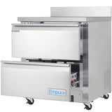 A sleek, industrial Empura Refrigeration work top refrigerator with two pull-out drawers—one partially open to reveal storage—features wheels for mobility and premium branding. This undercounter reach-in refrigerator is ideal for busy commercial kitchens.