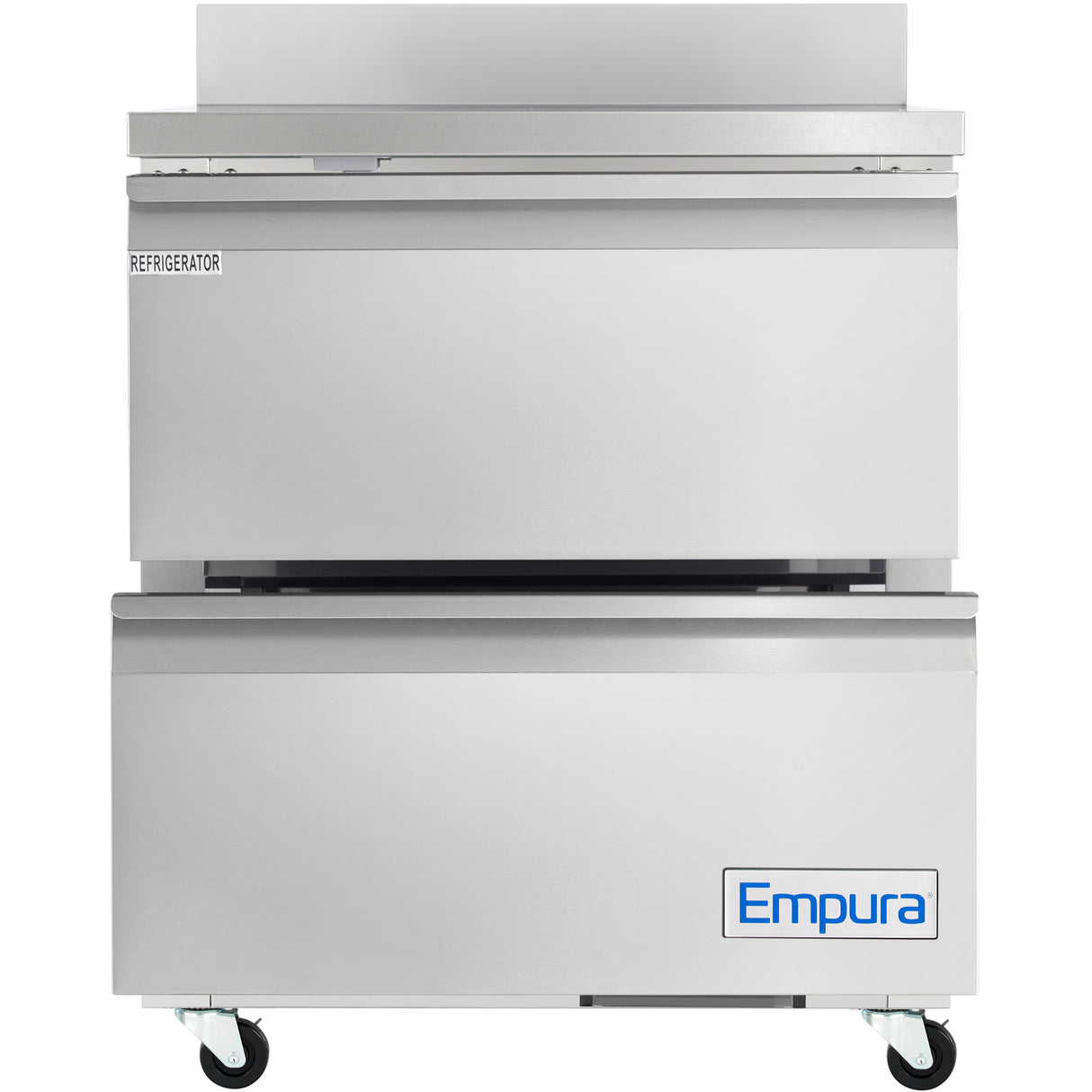A commercial stainless steel Empura Refrigeration unit on wheels, featuring two stacked compartments. The upper is labeled “Refrigerator,” while the lower displays a blue Empura logo. This work top refrigerator boasts a clean, industrial appearance.