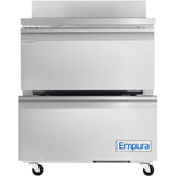 A commercial stainless steel Empura Refrigeration unit on wheels, featuring two stacked compartments. The upper is labeled “Refrigerator,” while the lower displays a blue Empura logo. This work top refrigerator boasts a clean, industrial appearance.