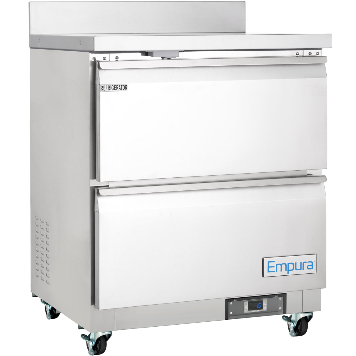 A stainless steel Empura Refrigeration undercounter reach-in refrigerator with two drawers. It features ventilation slots, digital controls, four caster wheels, and a boxy, industrial design—ideal for any professional kitchen workspace.