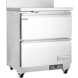 A stainless steel Empura Refrigeration undercounter reach-in refrigerator with two drawers. It features ventilation slots, digital controls, four caster wheels, and a boxy, industrial design—ideal for any professional kitchen workspace.