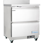 A stainless steel Empura Refrigeration undercounter reach-in refrigerator with two drawers. It features ventilation slots, digital controls, four caster wheels, and a boxy, industrial design—ideal for any professional kitchen workspace.