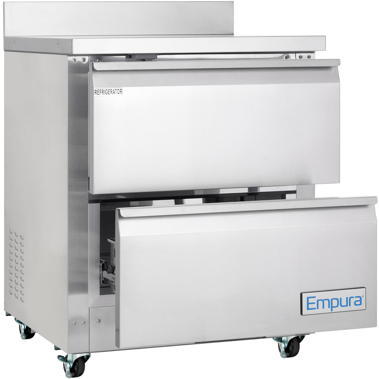 A commercial stainless steel Empura Refrigeration undercounter reach-in refrigerator with two large horizontal pull-out drawers, mounted on wheels. The unit features a sleek design and is suitable for professional kitchen use.