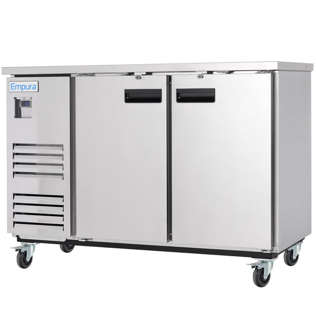 A commercial stainless steel solid door cooler on four wheels, featuring two front doors with black handles, a vented section on the left side, digital control panel, and the “Empura” logo above the vent—a modern back bar cooler with an industrial look.