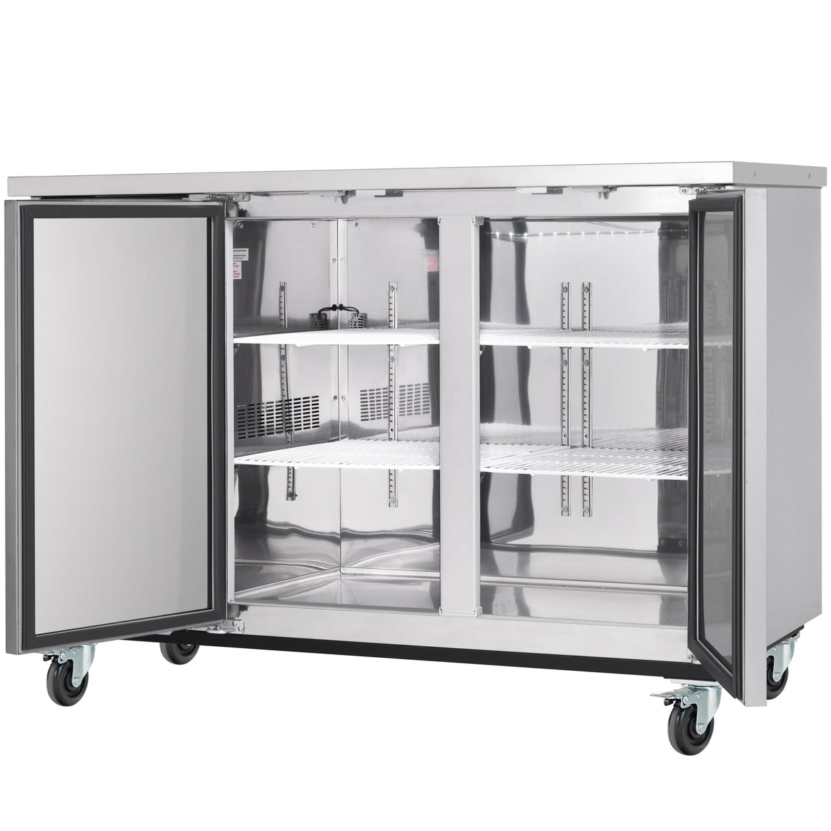 A stainless steel cooler with two open glass doors displays multiple adjustable wire shelves. The unit, ideal as a back bar cooler, is on four caster wheels and features a reflective, clean stainless steel interior and exterior.