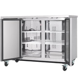 A stainless steel cooler with two open glass doors displays multiple adjustable wire shelves. The unit, ideal as a back bar cooler, is on four caster wheels and features a reflective, clean stainless steel interior and exterior.