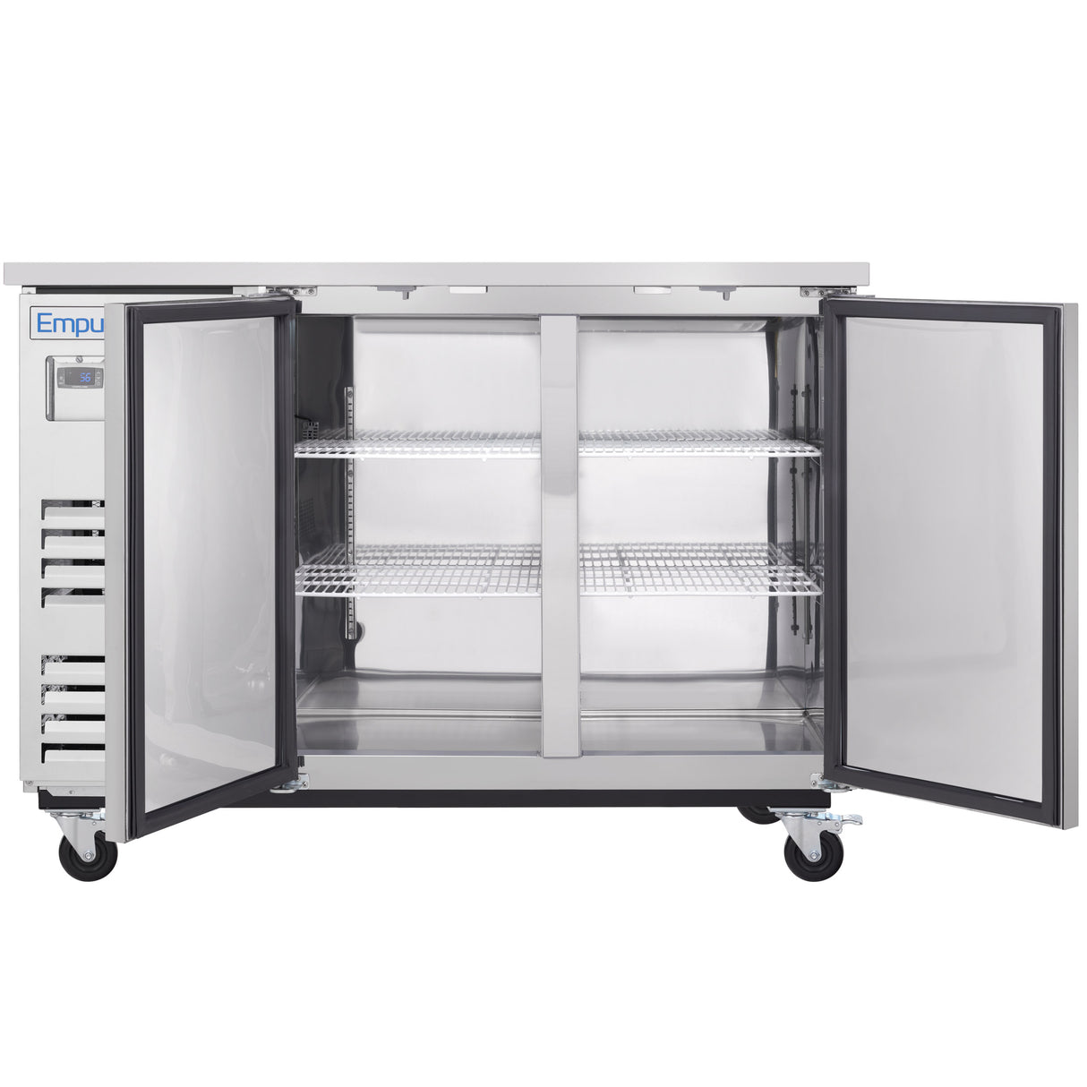 A commercial stainless steel cooler with both double doors open, revealing two adjustable wire shelves inside. The fridge sits on four caster wheels and features a digital control panel on the upper left corner of the exterior.