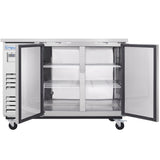 A commercial stainless steel cooler with both double doors open, revealing two adjustable wire shelves inside. The fridge sits on four caster wheels and features a digital control panel on the upper left corner of the exterior.