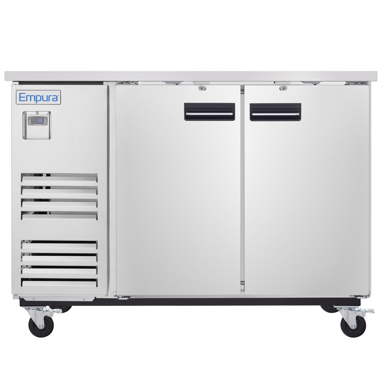 A commercial stainless steel cooler with two doors, horizontal handles, vents on the left, a digital display above the vents, and four caster wheels. The brand name “Empura” is visible on the top left corner.
