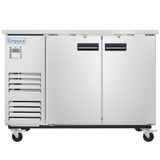 A commercial stainless steel cooler with two doors, horizontal handles, vents on the left, a digital display above the vents, and four caster wheels. The brand name “Empura” is visible on the top left corner.