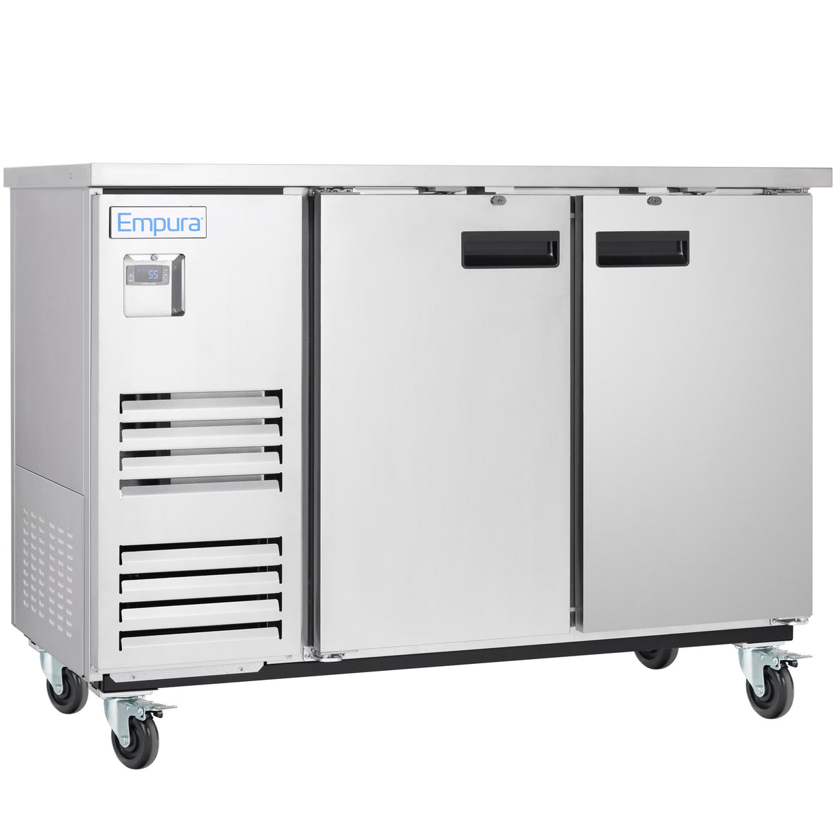 A stainless steel cooler with two solid doors, a digital temperature display, ventilation slats, and four swiveling casters. The Empura brand is labeled on the upper left. Features black handles and a clean, modern finish—ideal as a back bar cooler.