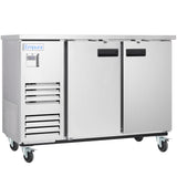 A stainless steel cooler with two solid doors, a digital temperature display, ventilation slats, and four swiveling casters. The Empura brand is labeled on the upper left. Features black handles and a clean, modern finish—ideal as a back bar cooler.
