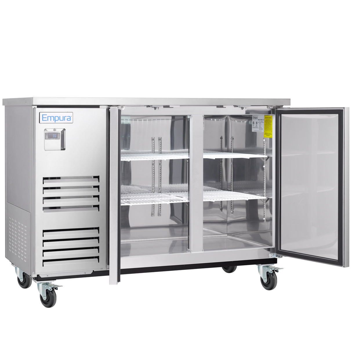 A commercial stainless steel cooler on wheels with two glass doors, both open to reveal three wire shelves inside. The left side has a control panel and vents, and the Empura brand label is displayed on the front—ideal as a back bar cooler.