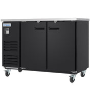 A black Empura Refrigeration commercial back bar cooler with a stainless steel top, two front doors with recessed handles, vented side panel, digital temperature display, and four locking caster wheels. Industrial in style and rectangular in shape.