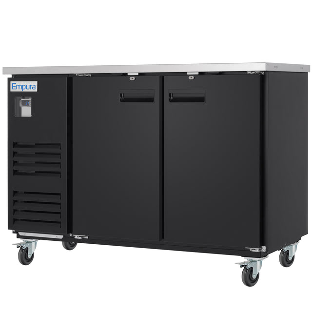 A black Empura Refrigeration commercial back bar cooler with a stainless steel top, two front doors with recessed handles, vented side panel, digital temperature display, and four locking caster wheels. Industrial in style and rectangular in shape.