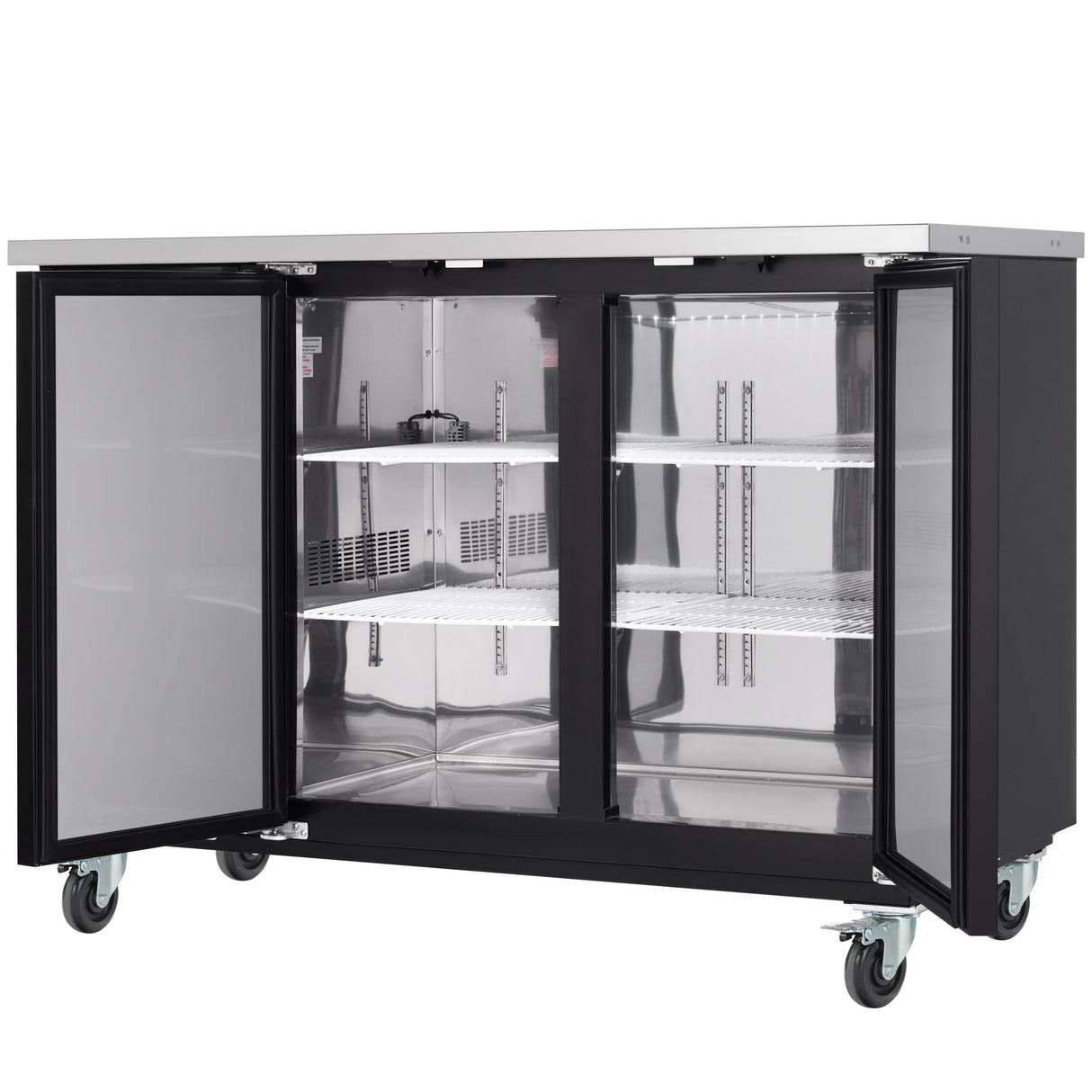 A commercial Empura Refrigeration stainless steel undercounter Back Bar Cooler with two glass doors open, revealing four adjustable wire shelves. It features a black exterior, metal interior, caster wheels for mobility, and appears empty and clean.