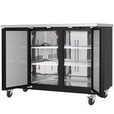 A commercial Empura Refrigeration stainless steel undercounter Back Bar Cooler with two glass doors open, revealing four adjustable wire shelves. It features a black exterior, metal interior, caster wheels for mobility, and appears empty and clean.