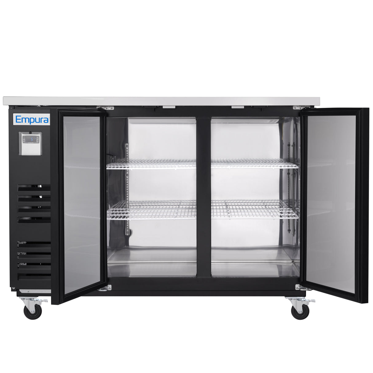 A commercial Empura Refrigeration stainless steel back bar cooler with two clear glass doors open, showing an empty interior with adjustable wire shelves. The unit features a flat top, four caster wheels, and a digital display panel on the left.