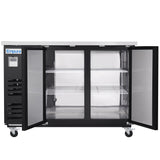 A commercial Empura Refrigeration stainless steel back bar cooler with two clear glass doors open, showing an empty interior with adjustable wire shelves. The unit features a flat top, four caster wheels, and a digital display panel on the left.