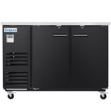 A black Empura Refrigeration back bar cooler with two doors and a stainless steel top. It features ventilation slots, a digital display on the left side, and is mounted on four caster wheels for mobility.