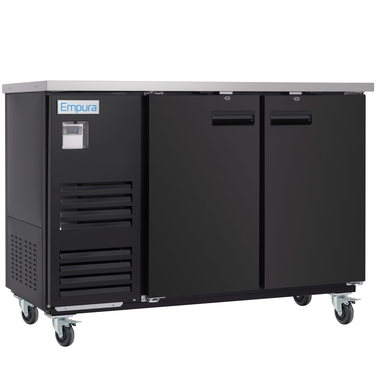 A black Empura Refrigeration back bar cooler with two doors, ventilation grilles, and a control panel. It features a stainless steel top and is mounted on four caster wheels for easy mobility.