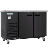 A black Empura Refrigeration back bar cooler with two doors, ventilation grilles, and a control panel. It features a stainless steel top and is mounted on four caster wheels for easy mobility.