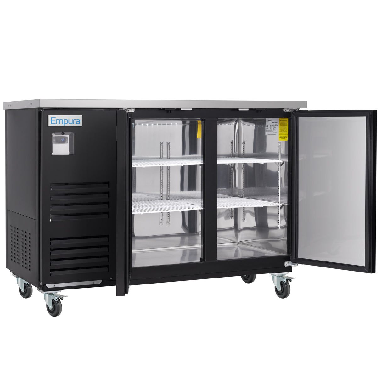 A commercial black Empura Refrigeration Back Bar Cooler on wheels with two glass doors, one open to reveal stainless steel shelves inside. The stainless steel top and interior stand out, and the exterior features a vent and digital display on the left side.