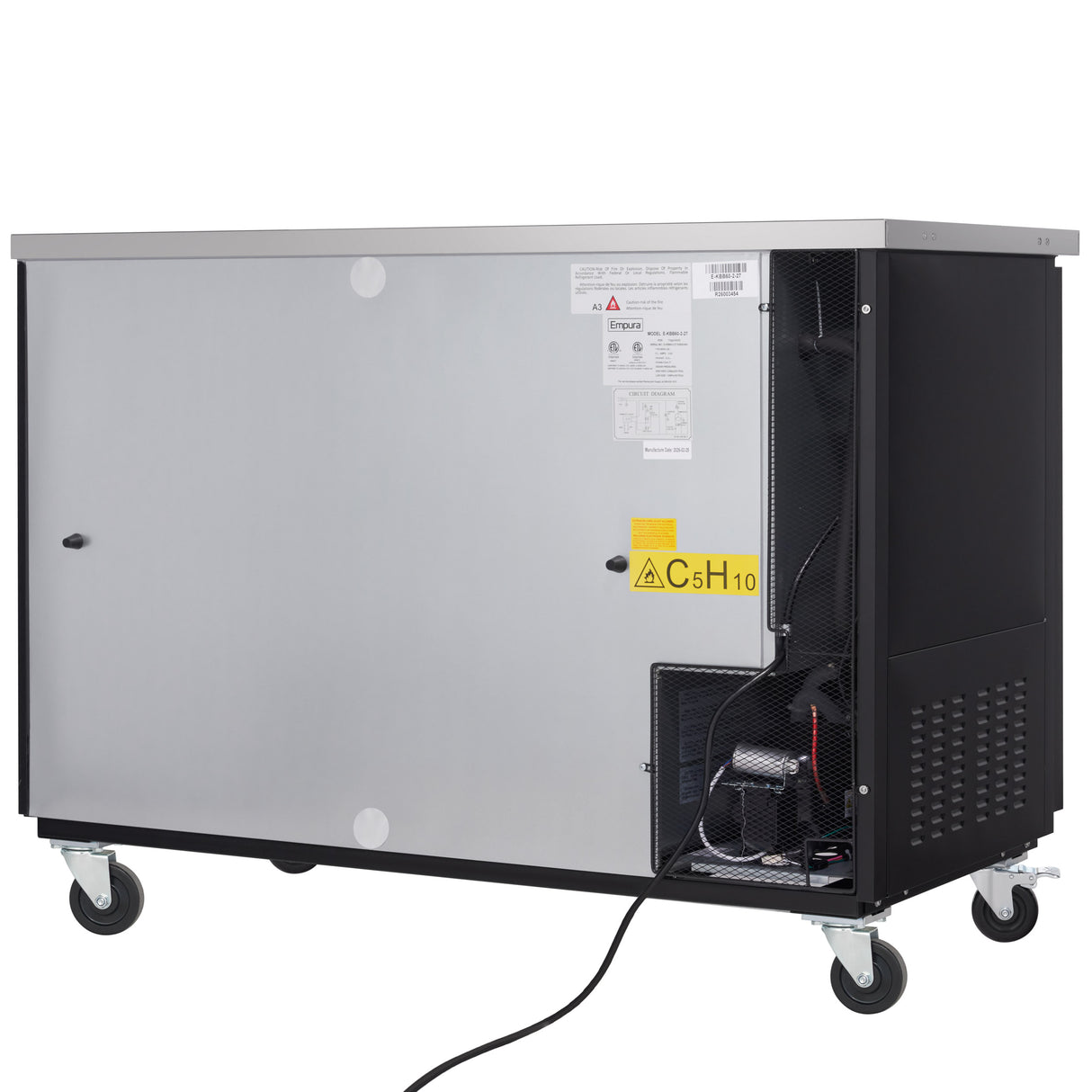 A large Empura Refrigeration back bar cooler on four caster wheels, featuring a stainless steel front panel and black sides. An access panel reveals internal components, a power cord, warning labels, and a yellow flammable gas sign labeled C5H10.