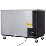 A large Empura Refrigeration back bar cooler on four caster wheels, featuring a stainless steel front panel and black sides. An access panel reveals internal components, a power cord, warning labels, and a yellow flammable gas sign labeled C5H10.