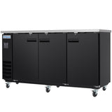 A black Empura Refrigeration Back Bar Cooler with a stainless steel top and caster wheels. The Empura logo sits above a vented panel on the left; each of the three doors features a horizontal handle at the top. Set against a white background.