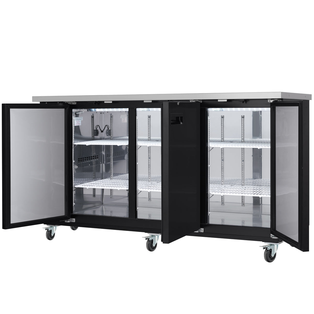 A black Empura Refrigeration back bar cooler with four glass doors, all open to reveal adjustable wire shelves. The unit features a stainless steel top, caster wheels for mobility, and a spacious, well-lit interior ideal for food storage.