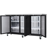 A black Empura Refrigeration back bar cooler with four glass doors, all open to reveal adjustable wire shelves. The unit features a stainless steel top, caster wheels for mobility, and a spacious, well-lit interior ideal for food storage.