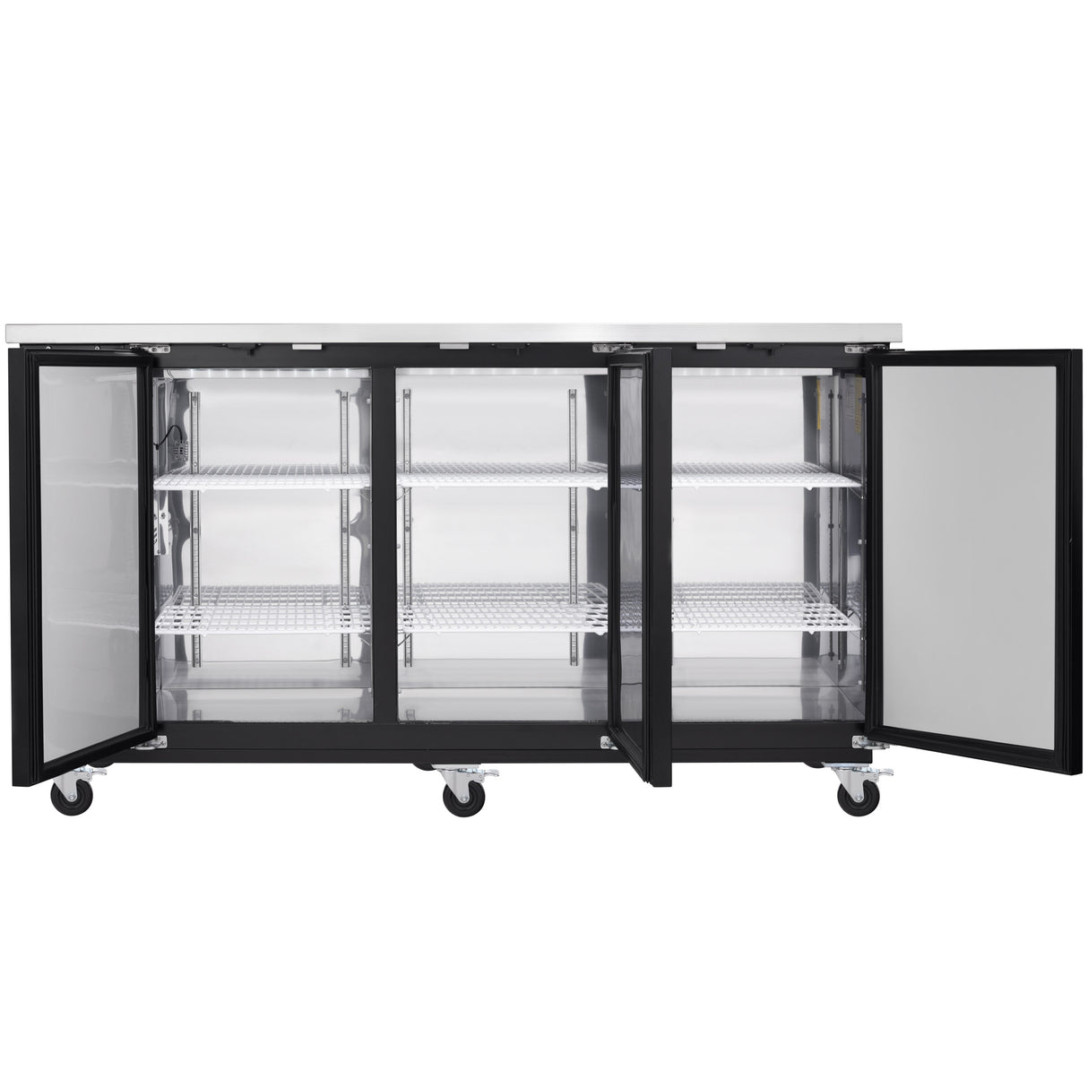 A large Empura Refrigeration back bar cooler, crafted from stainless steel, features three glass doors open to reveal six wire shelves. The unit sits on four black caster wheels for mobility and includes a countertop surface on top.
