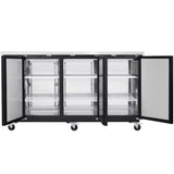 A large Empura Refrigeration back bar cooler, crafted from stainless steel, features three glass doors open to reveal six wire shelves. The unit sits on four black caster wheels for mobility and includes a countertop surface on top.
