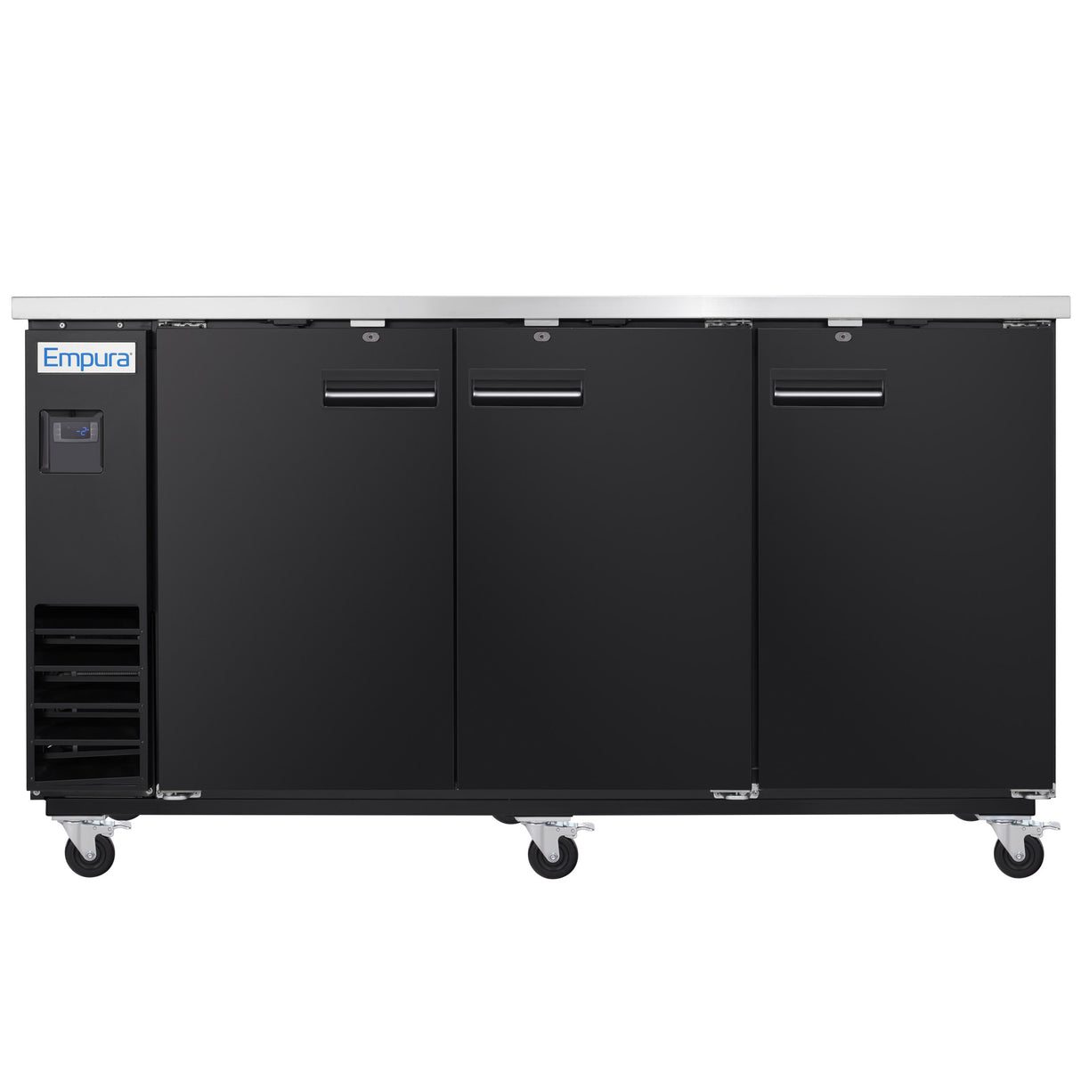 A black Empura Refrigeration Back Bar Cooler on four wheels, with three doors, silver handles, and a stainless steel countertop. The left side features a control panel, ventilation grates, and a blue and white Empura label above the panel.