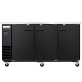 A black Empura Refrigeration Back Bar Cooler on four wheels, with three doors, silver handles, and a stainless steel countertop. The left side features a control panel, ventilation grates, and a blue and white Empura label above the panel.