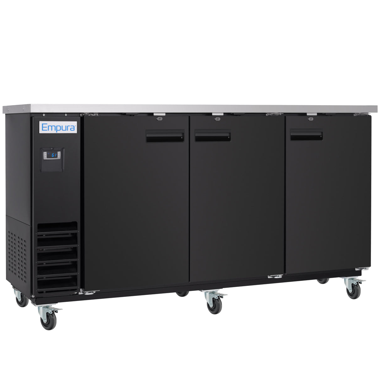 A large Empura Refrigeration Back Bar Cooler on six caster wheels features three doors with horizontal handles. The stainless steel top contrasts with the matte black body, and a label above the digital control panel displays the Empura brand.