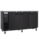 A large Empura Refrigeration Back Bar Cooler on six caster wheels features three doors with horizontal handles. The stainless steel top contrasts with the matte black body, and a label above the digital control panel displays the Empura brand.