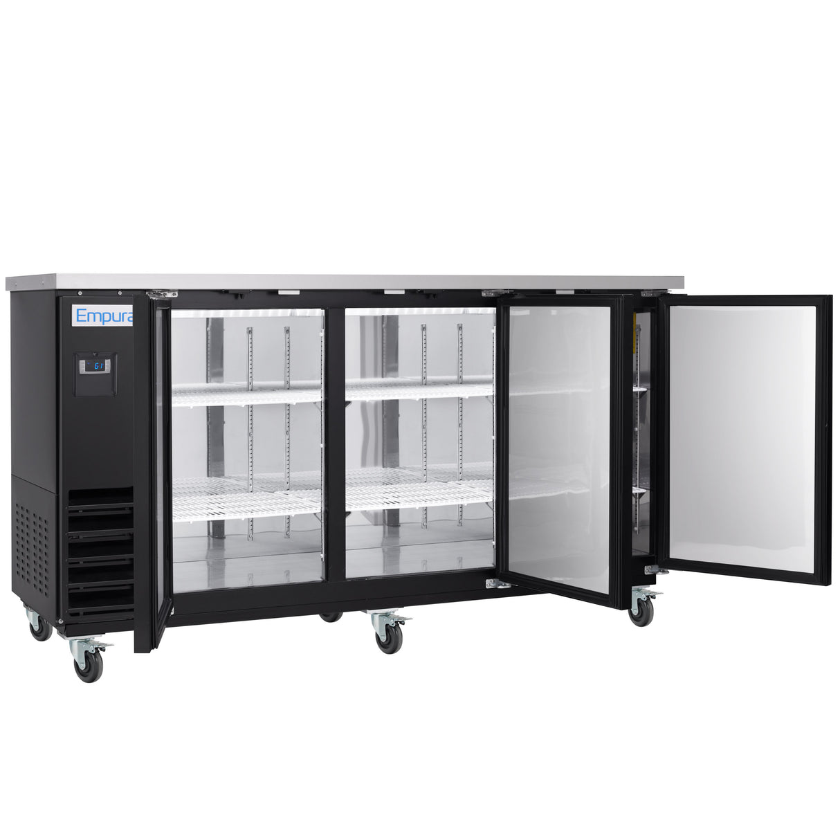 An Empura Refrigeration undercounter unit features a stainless steel top, three glass doors (two open), interior shelves, casters for mobility, and a left-side digital display—ideal as a back bar cooler for any commercial space.