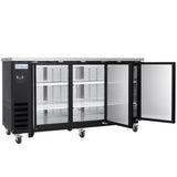 An Empura Refrigeration undercounter unit features a stainless steel top, three glass doors (two open), interior shelves, casters for mobility, and a left-side digital display—ideal as a back bar cooler for any commercial space.