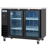 A commercial Empura glass door bar refrigerator featuring two illuminated doors, a black frame, stainless steel top, interior shelving, digital controls on the left, and four caster wheels—perfect as a sleek Back bar cooler for your establishment.
